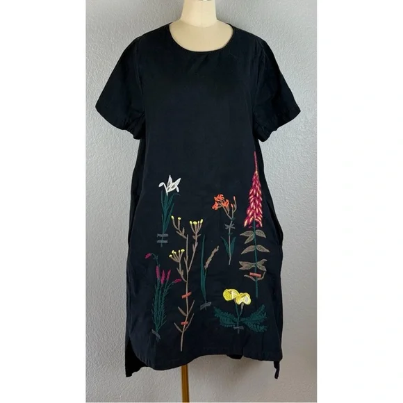 Black Floral Embroidered Tunic Oversized Midi Dress Cotton Linen‎ Lagonlook XL - Picture 6 of 14